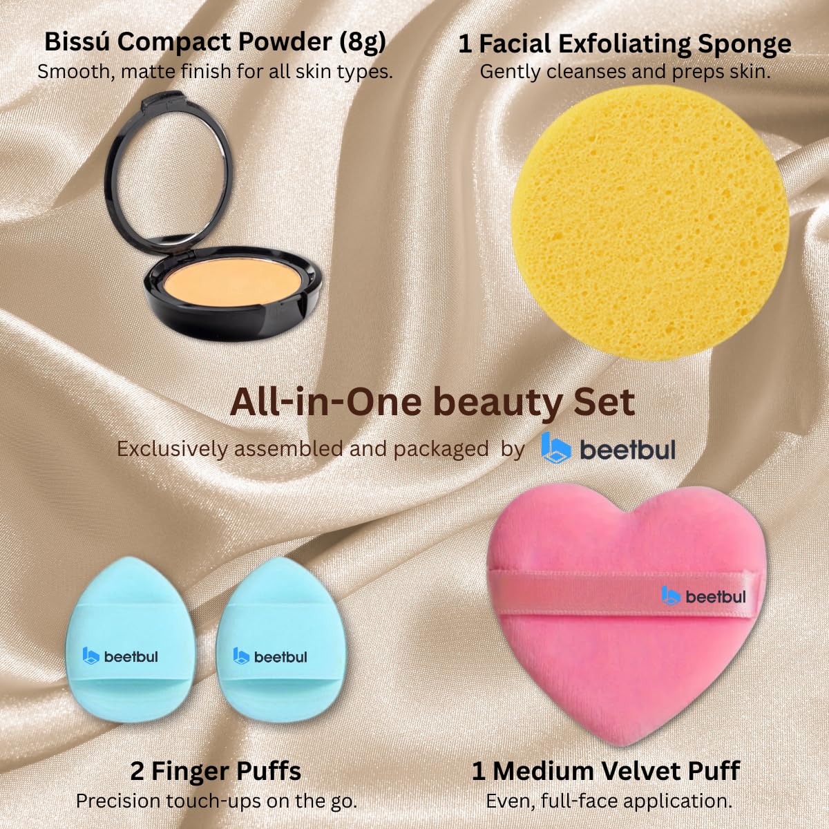 Beetbul Makeup & Exfoliation Kit - Bissú Compact Powder + 1 Medium Velvet Puff + 2 Finger Puffs + 1 Facial Exfoliating Sponge (04 Sand, One Size)