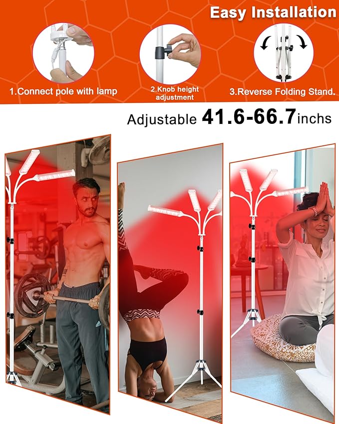 Red Light Therapy Lamp for Body Treatment with Adjustable Height Stand, 660nm, 850nm,940nm Alleviate Muscle Soreness, Stand 4Head W