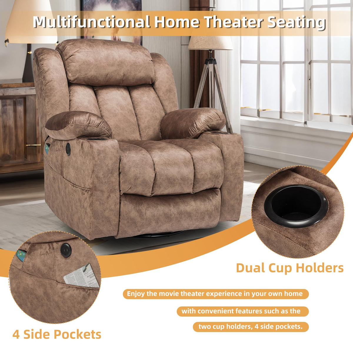 W WARMHOL 360° Swivel Glider Rocking Recliner Chair, Overstuffed Manual Massage Recliner with Heat and Vibration, Single Modern Sofa Home Seating for Living Room, Cup Holders/USB Ports (Plush-Brown)