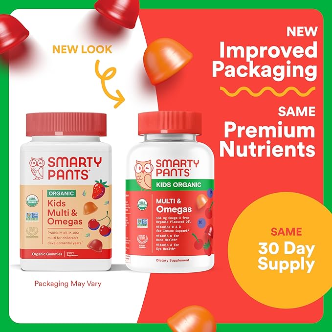 SmartyPants Organic Kids Multivitamin Gummies: Omega 3 (ALA), Vitamin D3, C, Vitamin B12, B6, A, K & Zinc for Immune Support, Biotin, Vegetarian, Three Fruit Flavors, 120 Count (30 Day Supply)