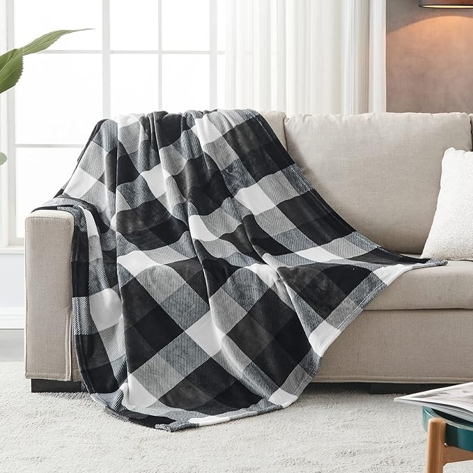 SOCHOW Buffalo Plaid Flannel Fleece Throw Blanket 90 x 108 Inches, Soft Lightweight Cozy All Season Black/White Checkered Blanket for Bed, Couch, Car
