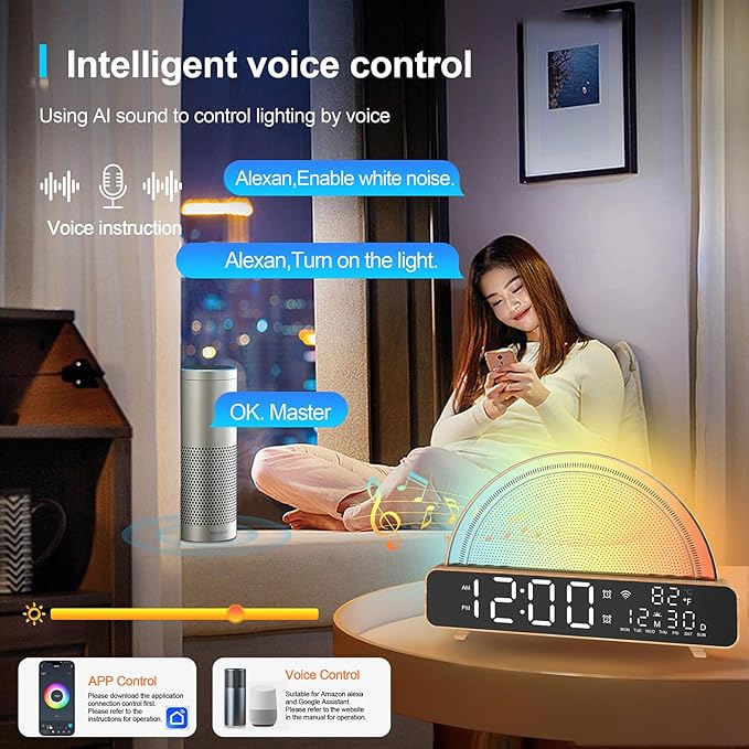 White Noise Sound Machine, Sunrise Alarm Clock APP/AI Voice Control Work for Bedroom, Sound Machine for Sleep with Touch Night Light, Sleep Aid, Snooze Timer, Dual Alarms, Sunrise Simulation