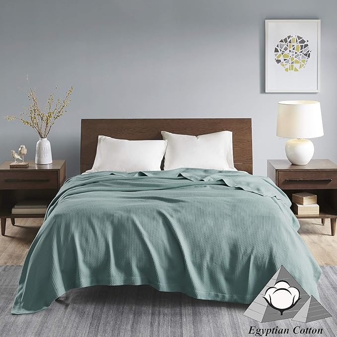 Madison Park Soft Certified 100% Egyptian Cotton Breathable Cozy Blanket, Premium Waffle Knit Classic Design, Luxury All Season Lightweight Cover for Bed, Couch and Sofa, Teal Full/Queen(90"x90")