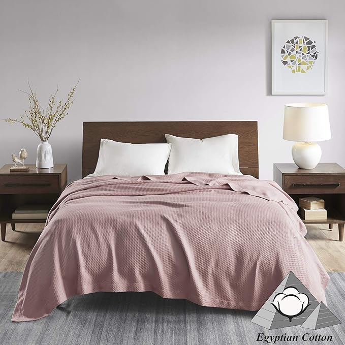 Madison Park Soft Certified 100% Egyptian Cotton Breathable Cozy Blanket, Premium Waffle Knit Classic Design, Luxury All Season Lightweight Cover for Bed, Couch and Sofa, Rose King(108"x90")