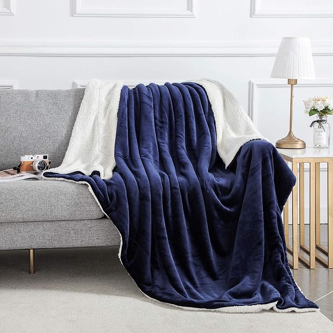 IR Imperial Rooms Sherpa Fleece Throw Blanket Twin Size for Couch - Thick and Warm Fluffy Blankets Winters, Soft and Fuzzy Twin Blanket for Bed and Sofa, Navy, 60x80 Inches
