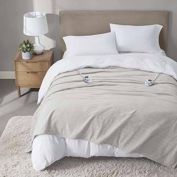 Serta Travis Fleece Ultra Soft Tri-Rib Textured Electric Blanket, Cozy and Snuggly Cover Fast Heating for Cold Weather, Auto Shut Off, Multi Heat Setting Controller, Queen, Pumice Stone Grey