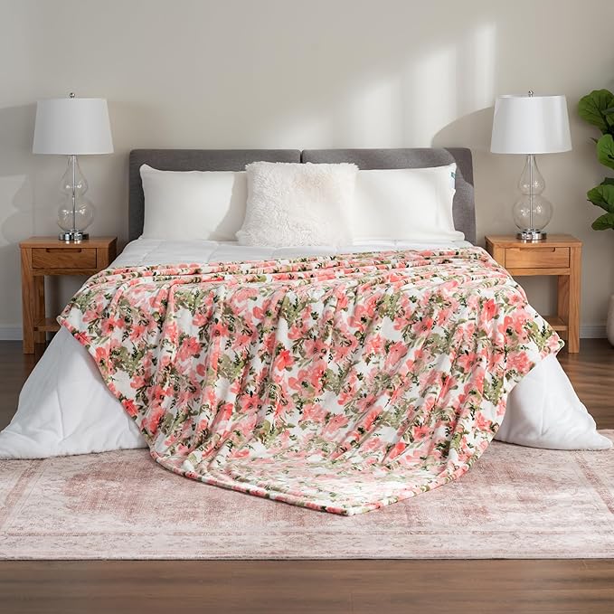 Berkshire Blanket-Classic Heavyweight Soft Printed VelvetLoft® Plush Blanket, Full/Queen Size Soft Fuzzy Warm Blanket for Couch Sofa Bed, Abstraction Pink Green, 90in x 90in