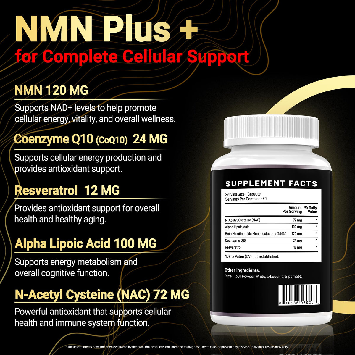 I LOVE HEALTH NMN Complex Plus+ for Women & Men with NAC, Alpha Lipoic Acid, CoQ10 & Resveratrol – 5-in-1 Cellular Energy & Healthy Aging Support – 60 Capsules, Non-GMO, Made in USA