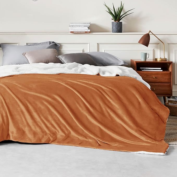 Bedsure Sherpa Fleece Blankets Queen Size for Bed - Thick and Warm, Soft Fuzzy Plush Queen Blanket for Winter, Burnt Orange, 90x90 Inches