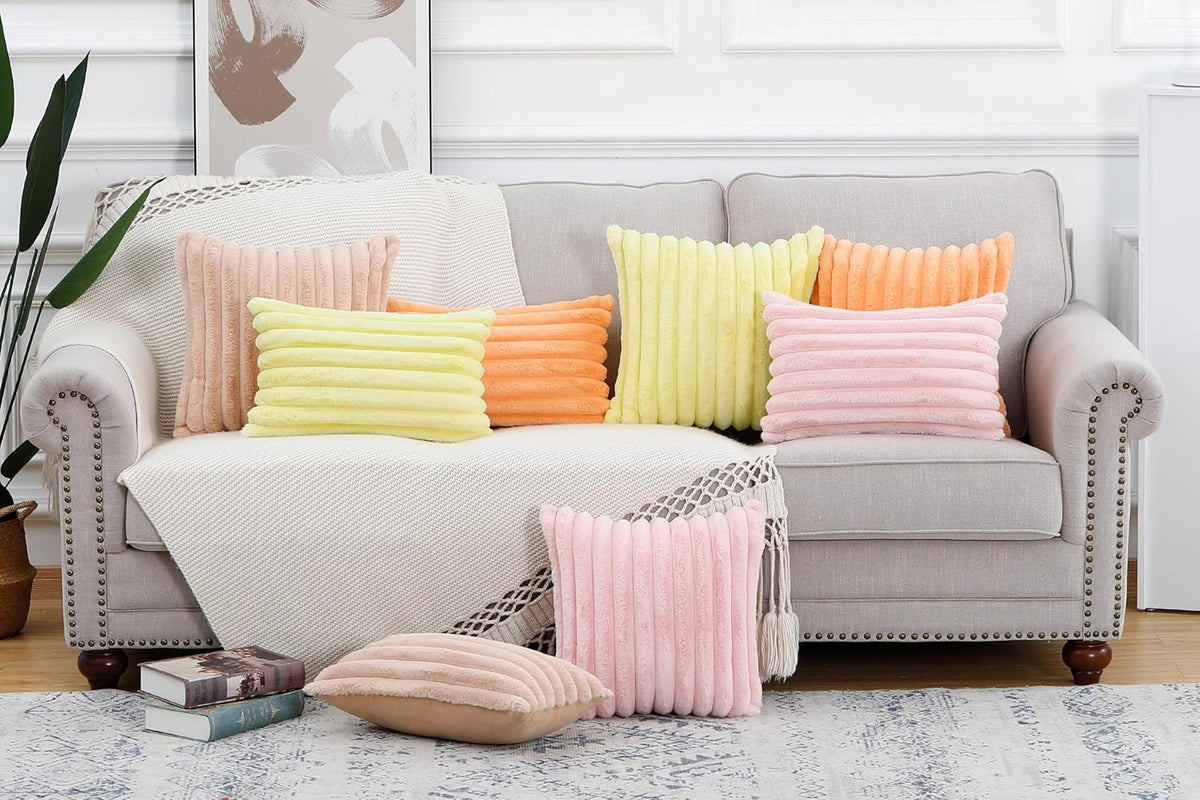 MADIZZ Set of 2 Faux Wool Plush Decorative Throw Pillow Covers 26x26 Inch Pink Fluffy Striped Soft Decorative Cushion Cover for Sofa Bedroom Pillow Shell