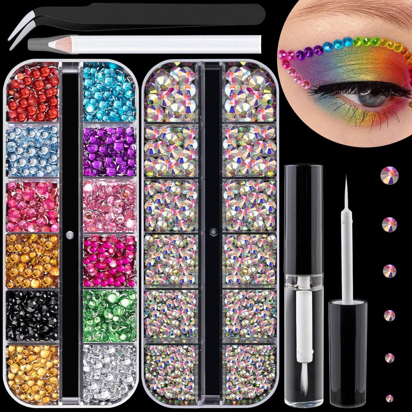 Flat Back Rhinestone Kits Colorful Rhinestones+Crystal AB Gems with Quick Dry Glue+Picker Pencil+Tweezer for Nail Art and Face Make-up