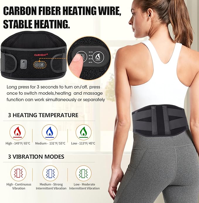 CUEHEAT Heated Waist Belt, Cordless Heating Pad for Low Back, Electrical Heating and Massage, Rechargeable Battery Powered (Dark Black, 49inch)