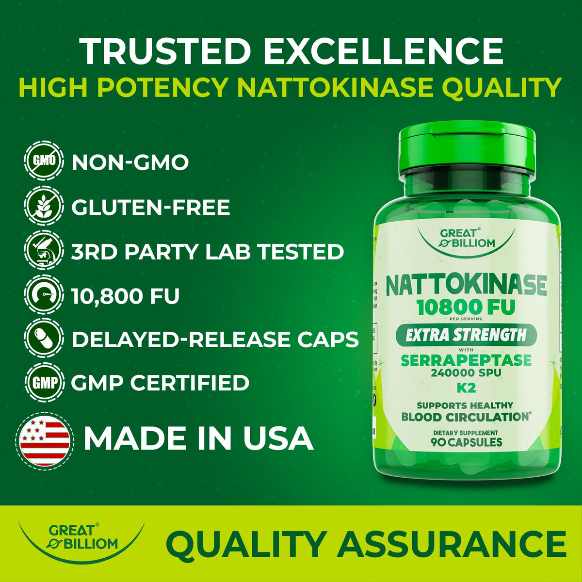 GREAT BILLIOM Nattokinase 10800 FU with Vitamin K2 MK-7 & Serrapeptase 240,000 SPU Supplement – Natto Enzyme, Heart Health Supplements for Blood Flow & Circulation Support, 90 Capsules