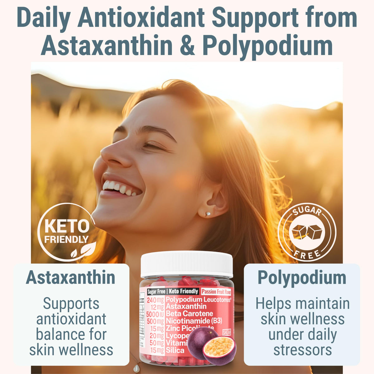SHIZAM Astaxanthin Polypodium Leucotomos Zinc Picolinate Lycopene Vitamin E B3 Nicotinamide Silica Gummies