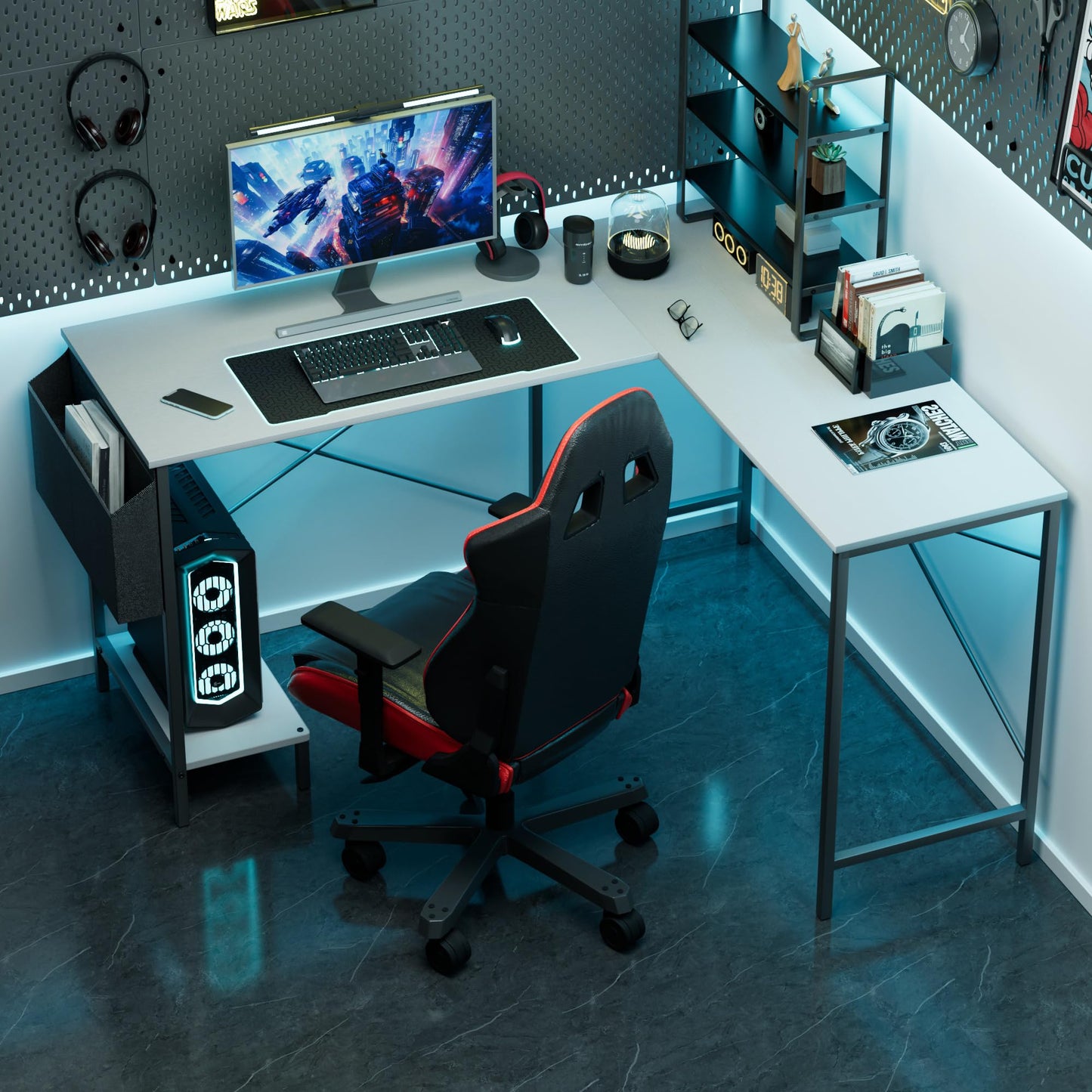 L Shaped Desk Gaming Computer 50 Inch Reversible Corner Table PC Work Table for Writing Study Student with Wood Tabletop Metal Frame CPU Stand Side Bag for Home Office Small Place
