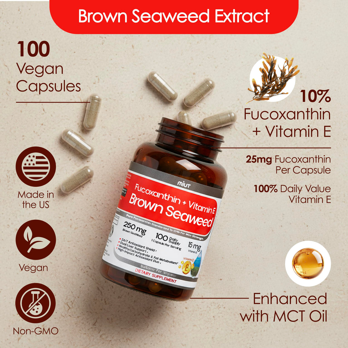 MIUT Fucoxanthin Brown Seaweed Extract Supplement 250mg - 10% Standardized Fucoxanthin w/Vitamin E & MCT Oil, Antioxidant & Metabolic Support - Vegan Marine Carotenoid Formula, Non-GMO - 100 Capsules