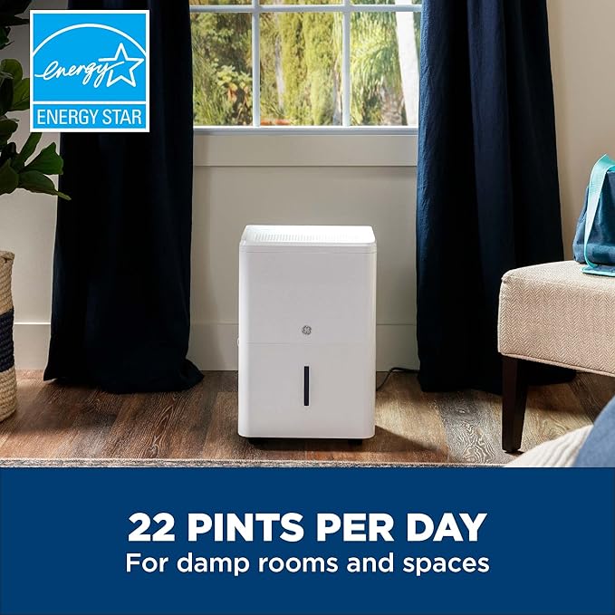 GE Energy Star Portable Dehumidifier 22 Pint, Perfect for Bedroom, Basement & Garage or Rooms up to 1500 Sq Ft, Ideal for High Humidity Areas, Complete with Empty Bucket Alarm & Clean Filter Alert