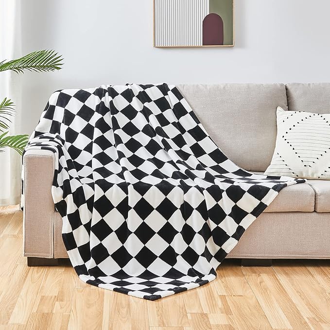 SOCHOW Checkered Flannel Throw Blanket, Soft Cozy Checkerboard Grid Pattern Fleece Blanket for Couch Bed Sofa, Black 60 x 80 Inches