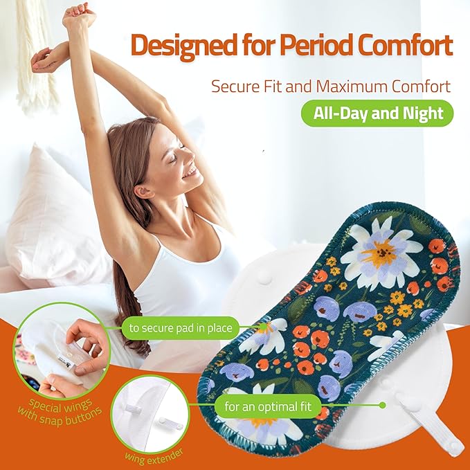 Organic Cotton EcoComfort Reusable Period Pads for Heavy Flow & Incontinence (L+XL, 6-Pack); High-Temp Washable Cloth for Women; Non-Irritating, Soft Reusable Menstrual for Comfortable Care