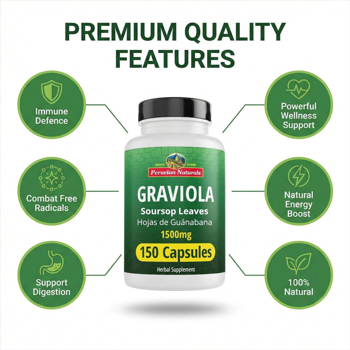 Peruvian Naturals Graviola Capsules, 1500 mg Soursop Leaf Extract from Hojas de Guanabana, Non-GMO, Vegan & Gluten-Free Herbal Supplement, 300 Count