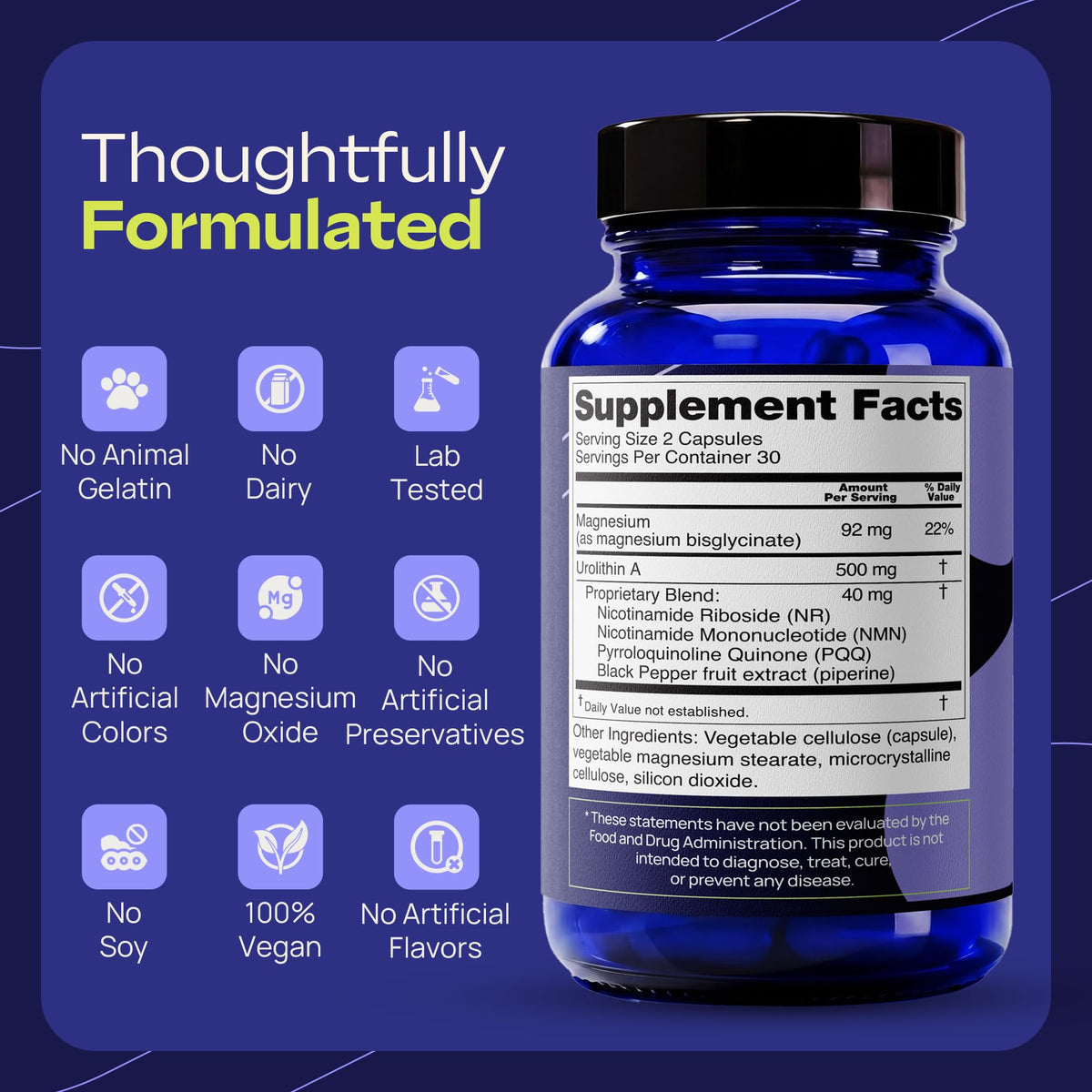 Stacked Science Urolithin A 1000mg Supplement with NMN, NR, PQQ, Magnesium Bisglycinate & Black Pepper Extract, Cellular Energy Support, 60 Veg Capsules, 30 Servings