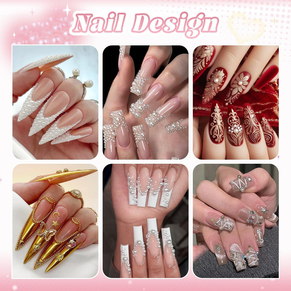 Flatback Pearls and Metal Nail Beads With Rhinestones Glue Gel for Art, Charms and Round Caviar Beads Accessories for Acrylic Tips Manicure Decor (White, Silver+Gold)