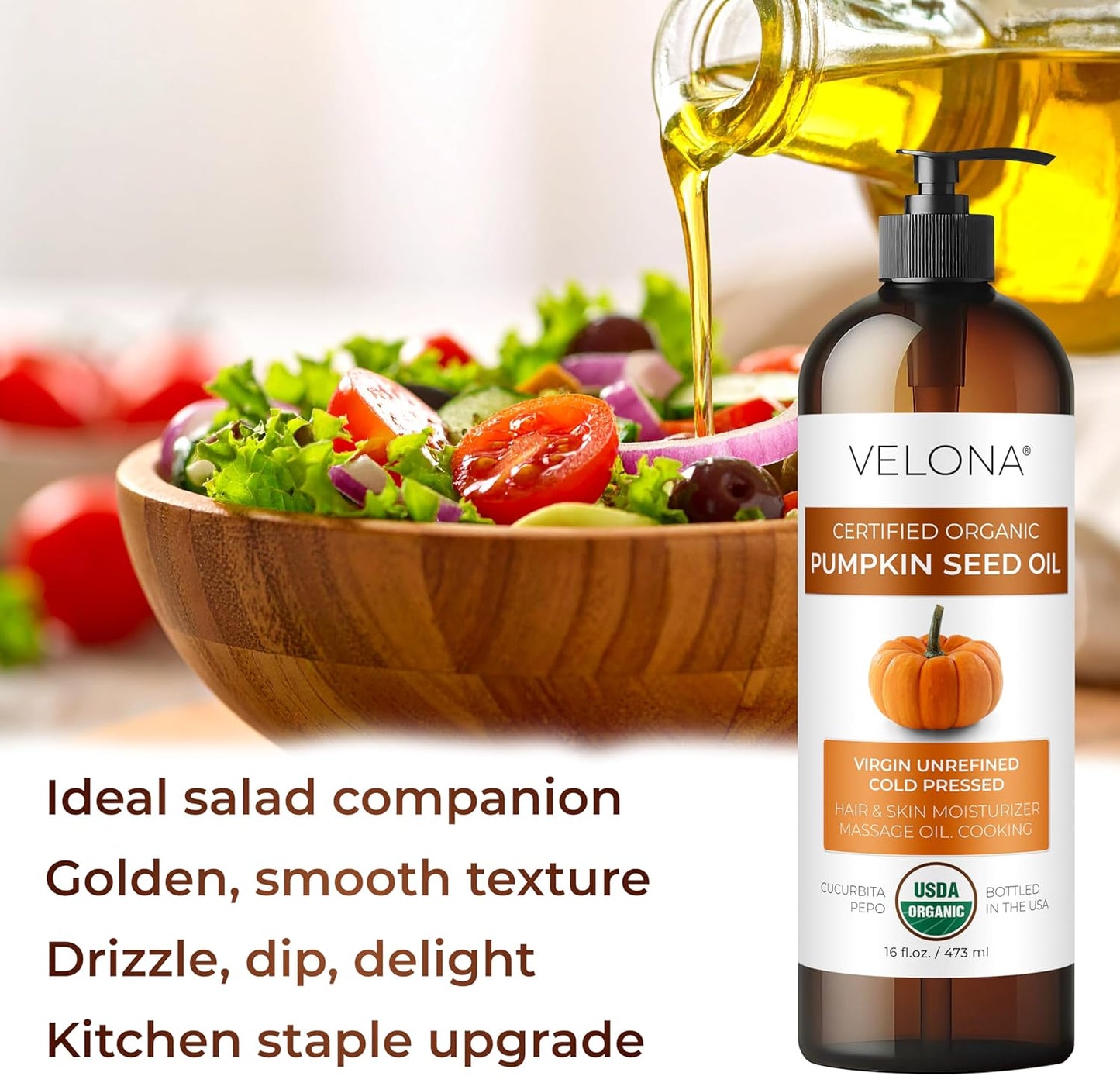 velona Pumpkin Seed Oil USDA Certified Organic - 64 Fl Oz | 100% Pure and Natural Carrier Oil | Unrefined, Cold Pressed | Cooking, Face, Hair, Body & Skin Care | Use Today - Enjoy Result