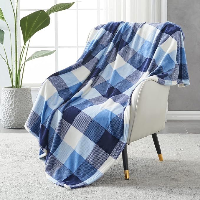 SOCHOW Buffalo Plaid Flannel Fleece Throw Blanket 60 x 80 Inches, Soft Lightweight Cozy All Season Blue/White Checkered Blanket for Bed, Couch, Car