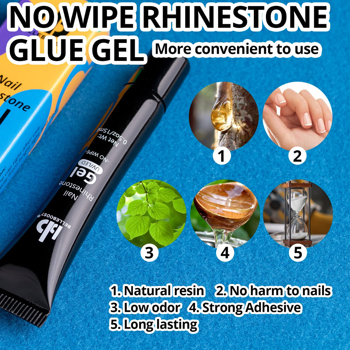 Nail Art Rhinestone Glue Gel&2 Boxes Flatback Gems Kit, 1 Tube of 15ml Rhinestone Gel Glue(UV/LED Needed)+Colorful Gems+Flat-Back Round Glass Crystal Clear Gemstones with Pickup Tools