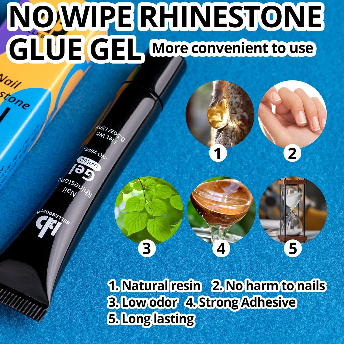 Nail Art Rhinestone Glue Gel&2 Boxes Flatback Gems Kit, 1 Tube of 15ml Rhinestone Gel Glue(UV/LED Needed)+Colorful Gems+Flat-Back Round Glass Crystal AB Gemstones with Pickup Tools