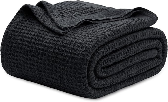 Bedsure 100% Cotton Blanket King Size for Bed - Breathable and Soft, Waffle Weave Blanket for Summer Spring, Black, 104x90 inches