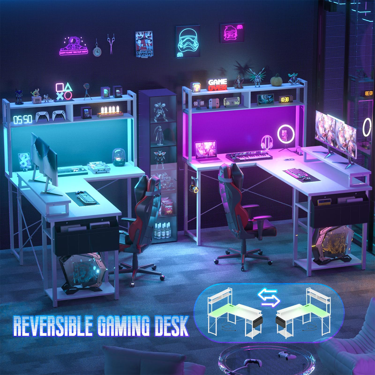 Besiost Small L Shaped Desk Gaming Desk with Power Outlets, 48" Reversible L Shaped LED Computer Desk with Monitor Stand & Storage Shelf, Corner Gamer Desk Home Office Desk with Storage Bag, White