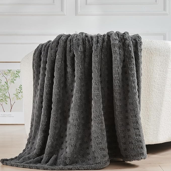 NEWCOSPLAY Super Soft Throw Blanket Grey Premium Silky Flannel Fleece 3D Waffle Checkered Lightweight Bed Blanket All Season Use (Dark Grey, Throw(50"x70"))