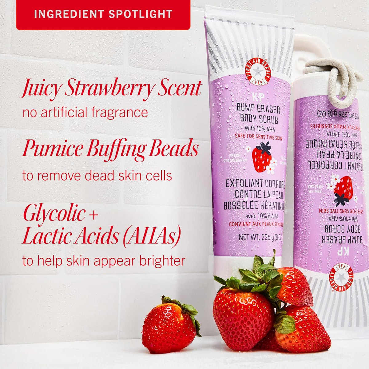 First Aid Beauty - KP Bump Eraser Body Scrub with 10% AHA, Keratosis Pilaris Exfoliator with Glycolic and Lactic acids, Helps Reduce Chicken Skin Bumps, Safe for Sensitive Skin, Strawberry Scent, 8 oz