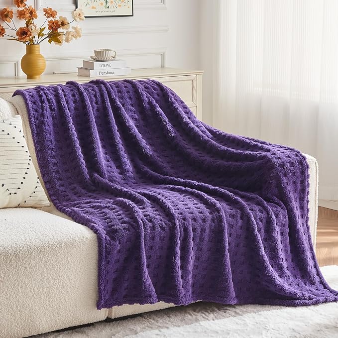 NEWCOSPLAY Super Soft King Blanket Purple Premium Silky Flannel Fleece 3D Waffle Checkered Lightweight Bed Blanket All Season Use (Dark Purple, King(90"x110"))