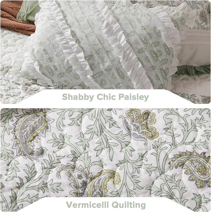 Madison Park Queen Quilt Set Cotton Coverlet Set with Cotton Filling for Queen Size Bed, All Season, Lightweight Queen Cotton Quilt Include Shams, & Décor Pillows, Dawn, Full/Queen Sage Green 6 Piece