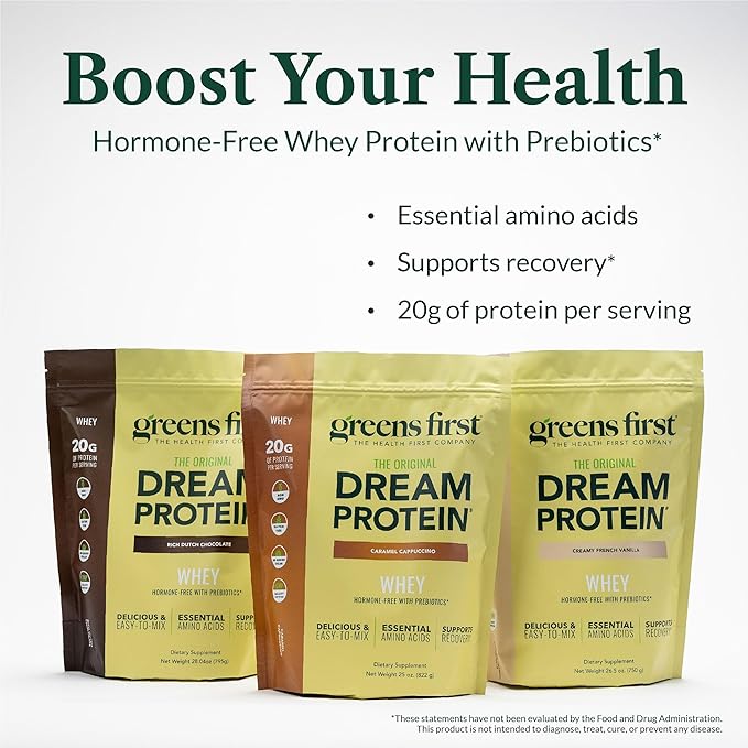 Greens First Dream Protein Powder Whey - 20g Protein Per Serving - Hormone-Free with Prebiotics - Non-GMO - No Artificial Sweeteners/MSG/Aspartame (Creamy French Vanilla, 26.5 oz)