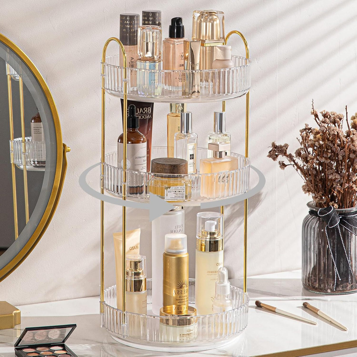 Rotating Makeup Organizer for Vanity, High-Capacity Skincare Clear Make Up Storage Perfume Organizers Cosmetic Dresser Organizer Countertop 360 Spinning (Clear, 3 Tier)