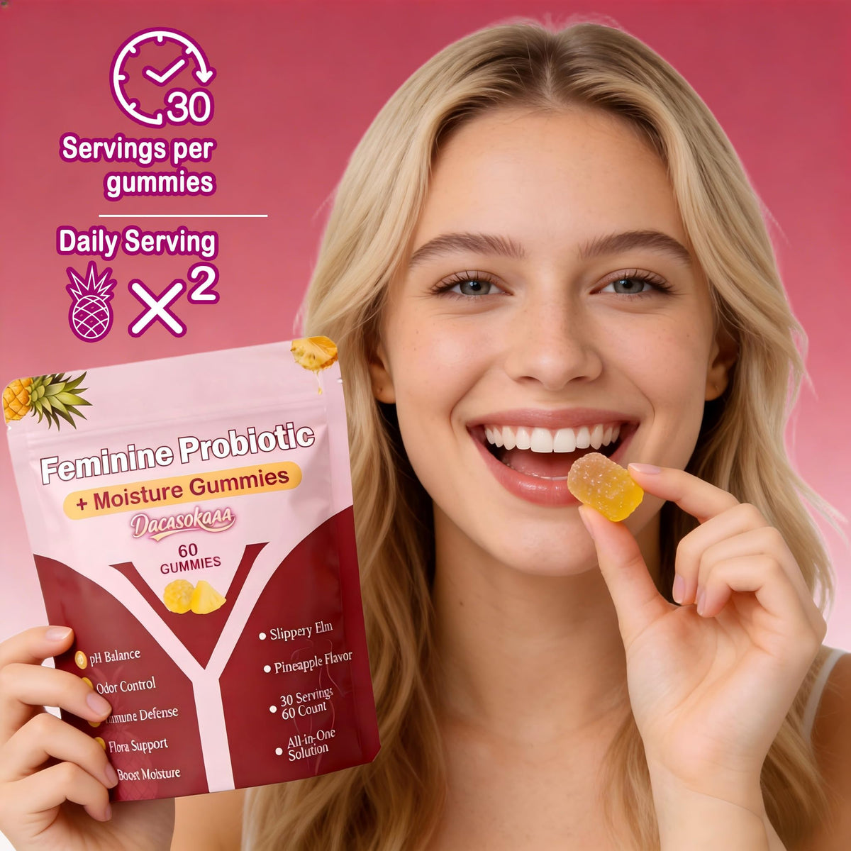 dakasokaaa 2 Pack - Slippery Kitty Gummies | her Juicy Feminine probiotics Gummies | Support pH Balance & Digestive Health, Slippery Elm for Women | 60 Count | Pineapple Flavor