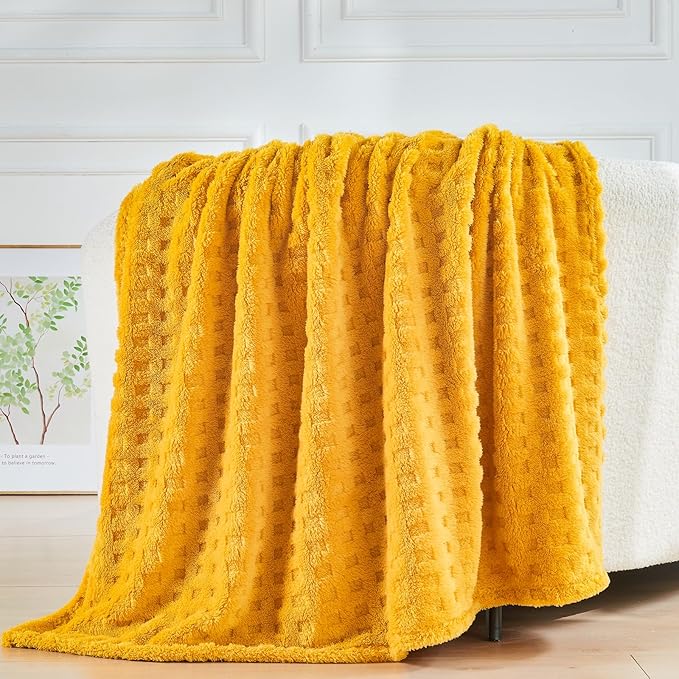 NEWCOSPLAY Super Soft Queen Blanket Yellow Premium Silky Flannel Fleece 3D Waffle Checkered Lightweight Bed Blanket All Season Use (Mustard Yellow, Queen(90"x90"))