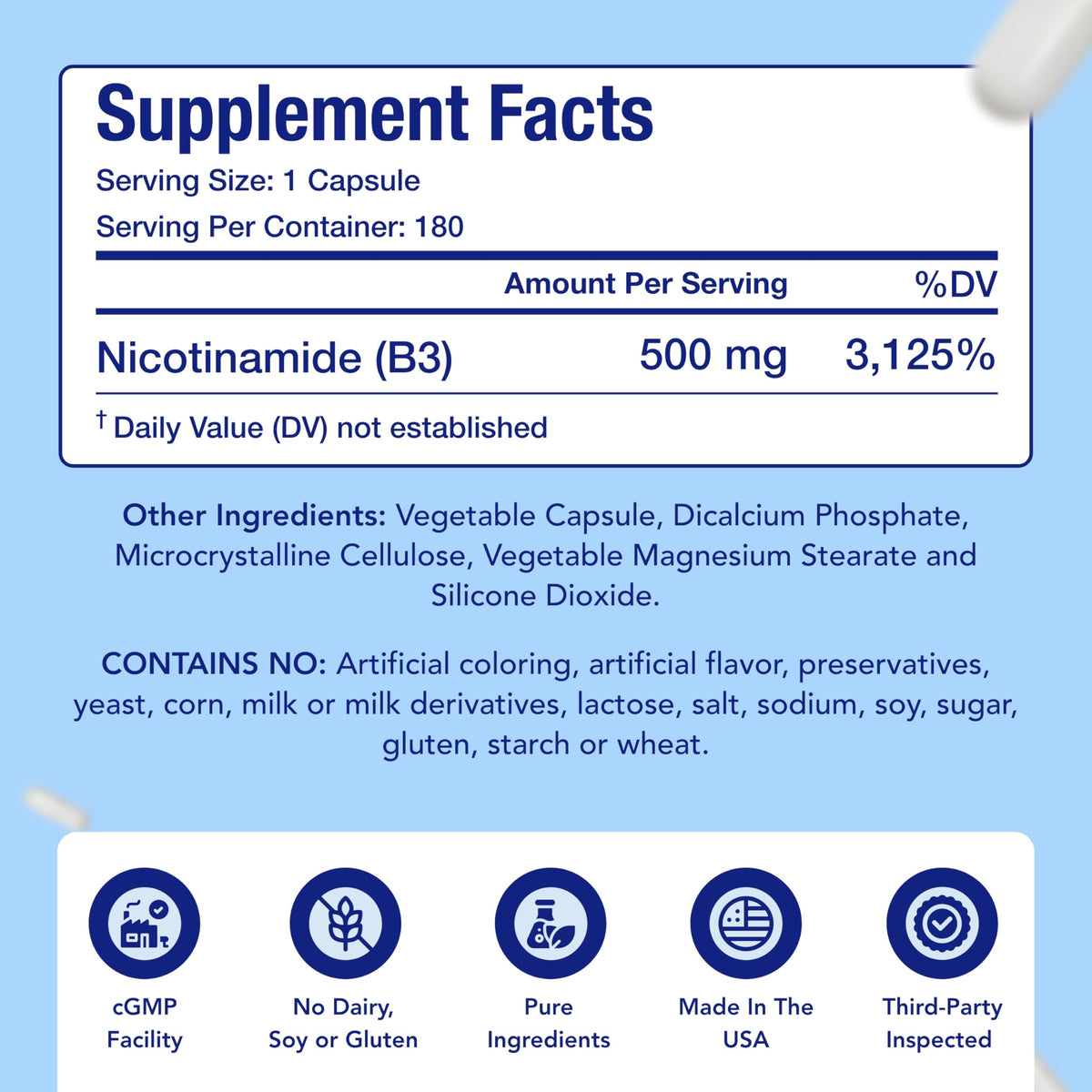 Vitamin B3 Nicotinamide 500mg Capsules | NAD+ Precursor and Longevity with Nicotinamide Form of Vitamin B3 Niacin Flush Free for Aging Skin Energy & Cellular Support | Made in the USA (180 Day Supply)
