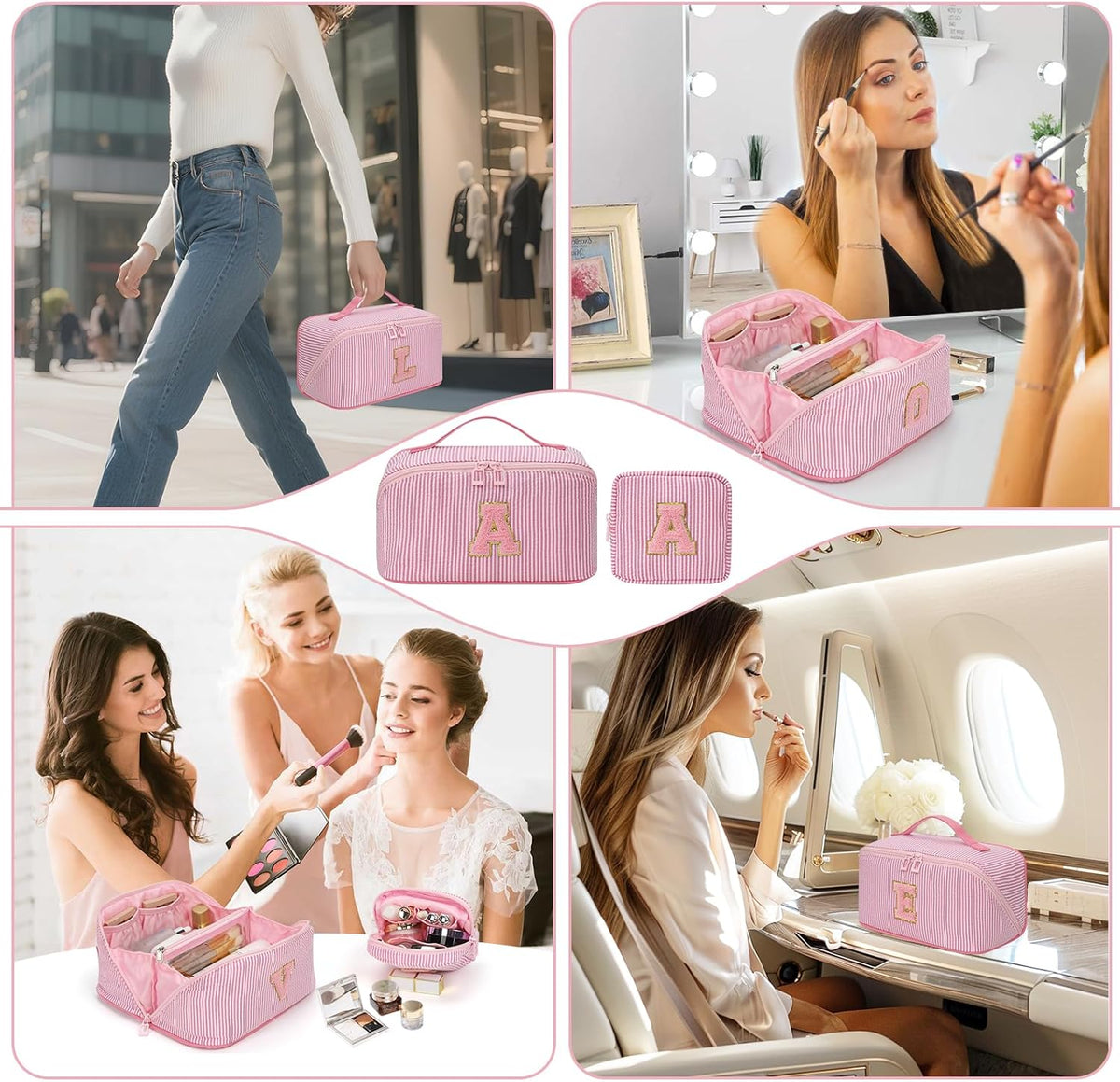Travel Makeup Bag for Women, 2Pcs Portable Personalized Initial Makeup Organizer Bag, Open Flat Large Cosmetic Bag With Travel Essential Pouch (Pink Letter I)