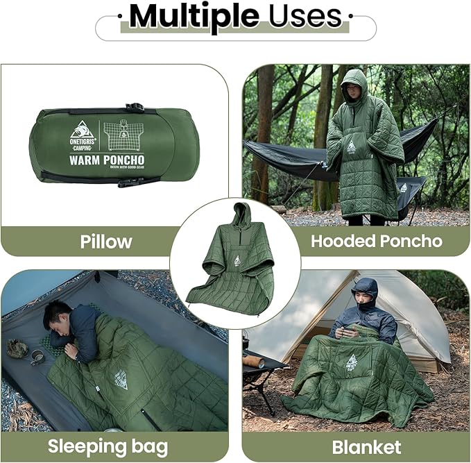 OneTigris Camping Blanket Honcho Poncho with 3M Thinsulate Insulation,2 Pack Thermarest Honcho Poncho Wearable Sleeping Bag Poncho for Camping Ultralight Water-Resisitant Warm Wearable Blanket
