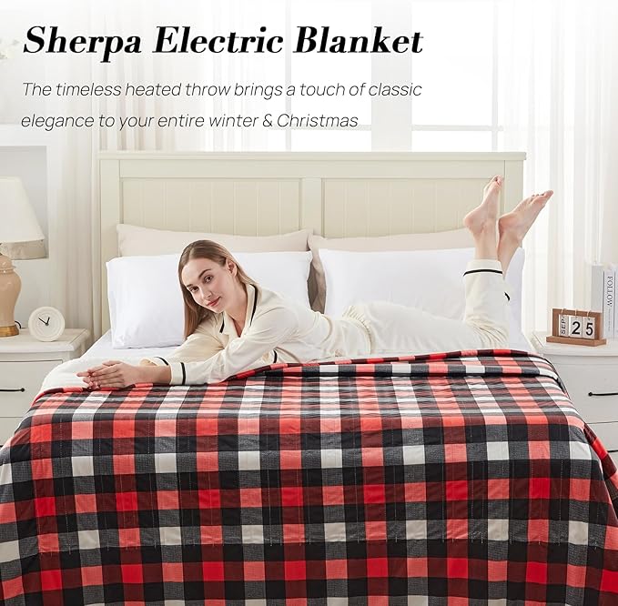 Westinghouse King Size Heated Blanket, Soft Flannel to Sherpa Electric Blanket with Dual Control 10 Heating Levels & 1 to 12 Hours Auto Off, Fast Heating, Machine Washable, 100 * 90 Inch, Red