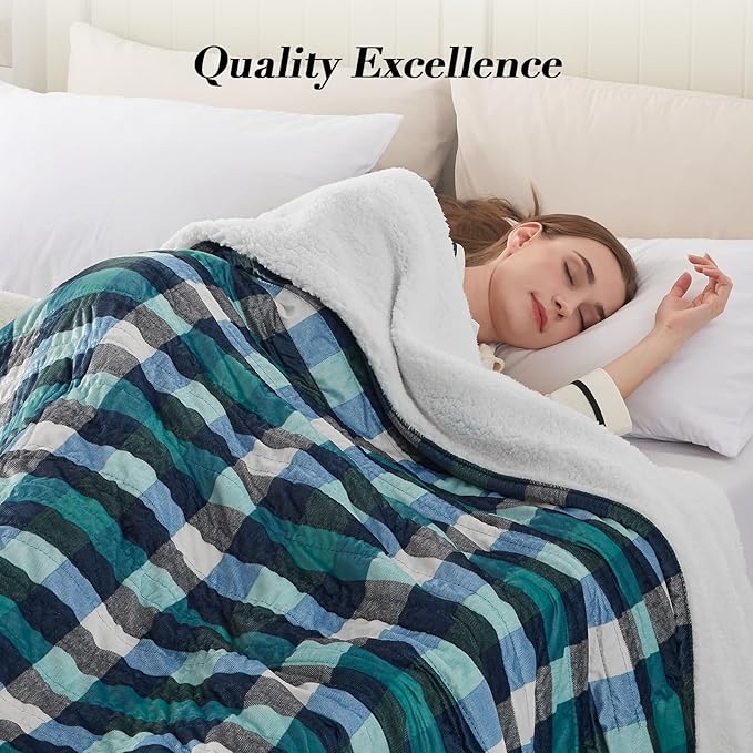 Westinghouse Full Size Heated Blanket Electric Blanket, Flannel & Sherpa Heating Blanket with10 Heating Levels & 1 to 12 Hours Heating Time Settings, Fast Heating Blanket Green Plaid, 72x84 Inches