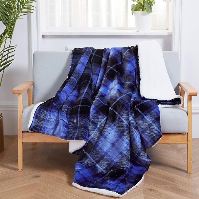SOCHOW Sherpa Plaid Fleece Throw Blanket, Double-Sided Super Soft Luxurious Bedding Blanket 50 x 60 inches, Blue