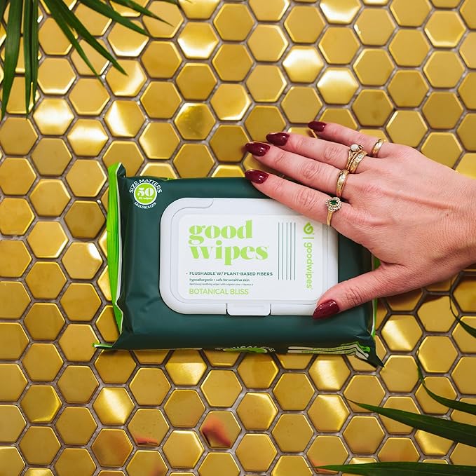 goodwipes Flushable Butt Wipes - Extra Large Adult Wet Wipes For Women & Men - Bathroom Essentials - Sewer & Septic Safe - Botanical Bliss, 153 Count (3 Packs + 3 Individually Wrapped)