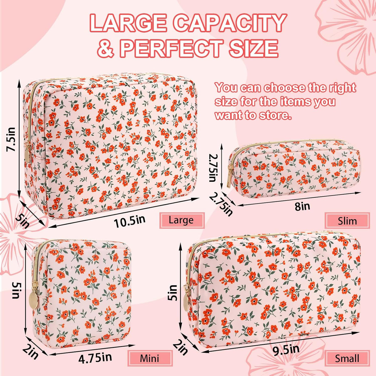 Waterproof Large Floral Makeup Pouch,Nylon Travel Toiletry Storage Purse Preppy Cosmetic Bag for Women Girl,Large Capacity Makeup Organizer Zipper Pouch for Work(L Pink-Flowers)