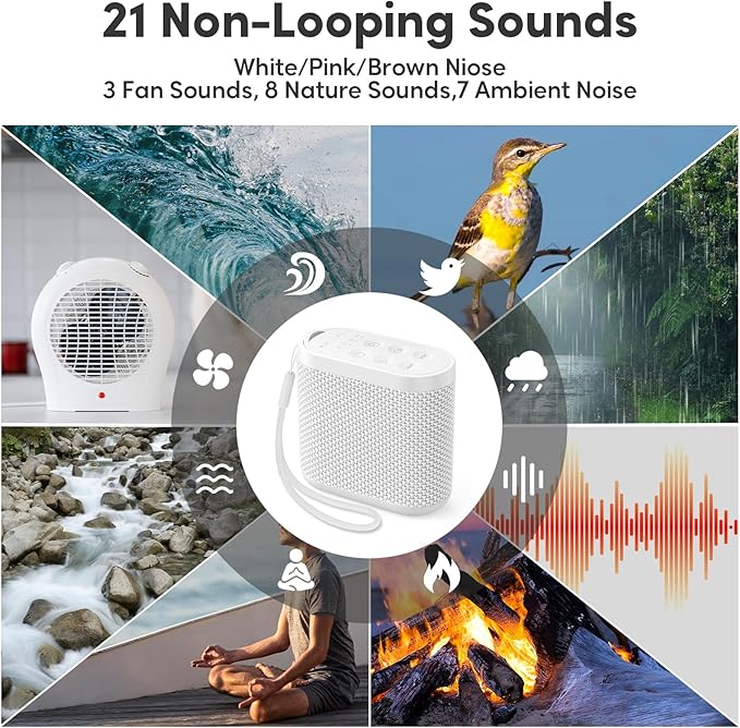 Portable Sound Machine for Travel, White Noise Sound Machine for Sleeping, 52-Hour Lasting Mini Noise Machine with 21 Quality Non-looping Sounds, Headphone Jack, Memory, Timer for Adults,Hotel (White)
