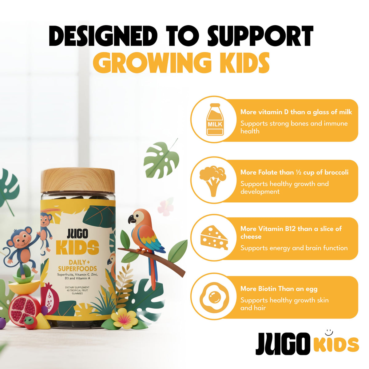 JUGO Kids Daily + SUPERFOODS Multivitamin Gummies for Picky Eaters with Super Greens & Super Fruits, Vitamin C, A, and Zinc Supplements with Biotin, Gluten-Free, Non-GMO, 50 Count